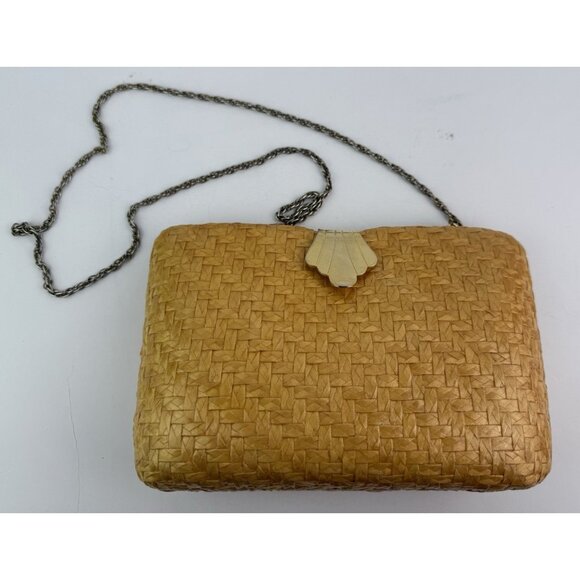 Straw Basket Weave Crossbody Handbag Purse Clutch Vtg Rigid Gold Clasp 60's 70's - Picture 1 of 12
